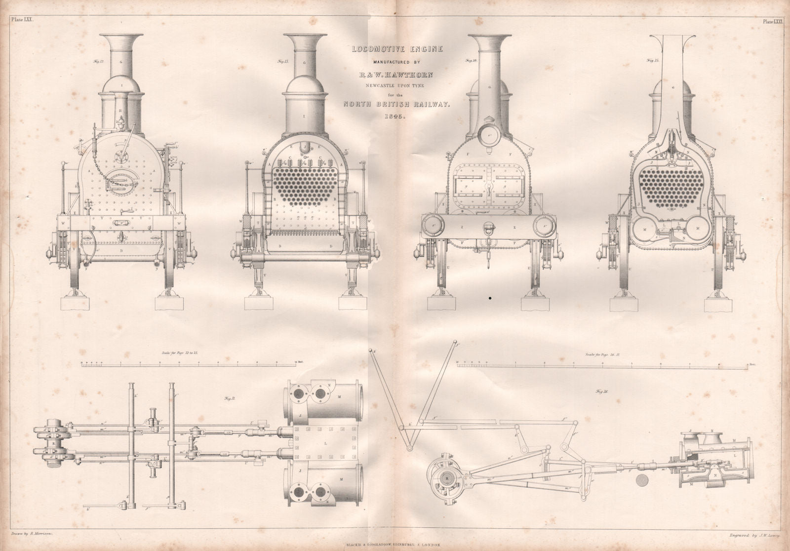 19C ENGINEERING DRAWING. Locomotive engine. North British Railway 1847 print